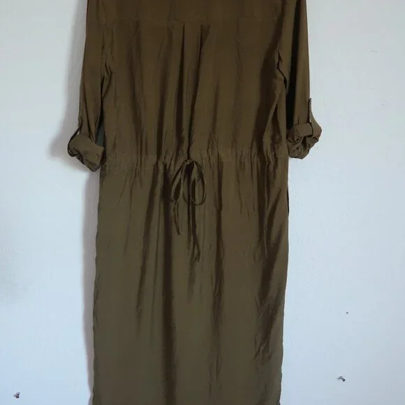 Anthropologie Maeve Olive Army Green Midi Drawstring Shirt Dress Size 4 Small - Picture 11 of 14